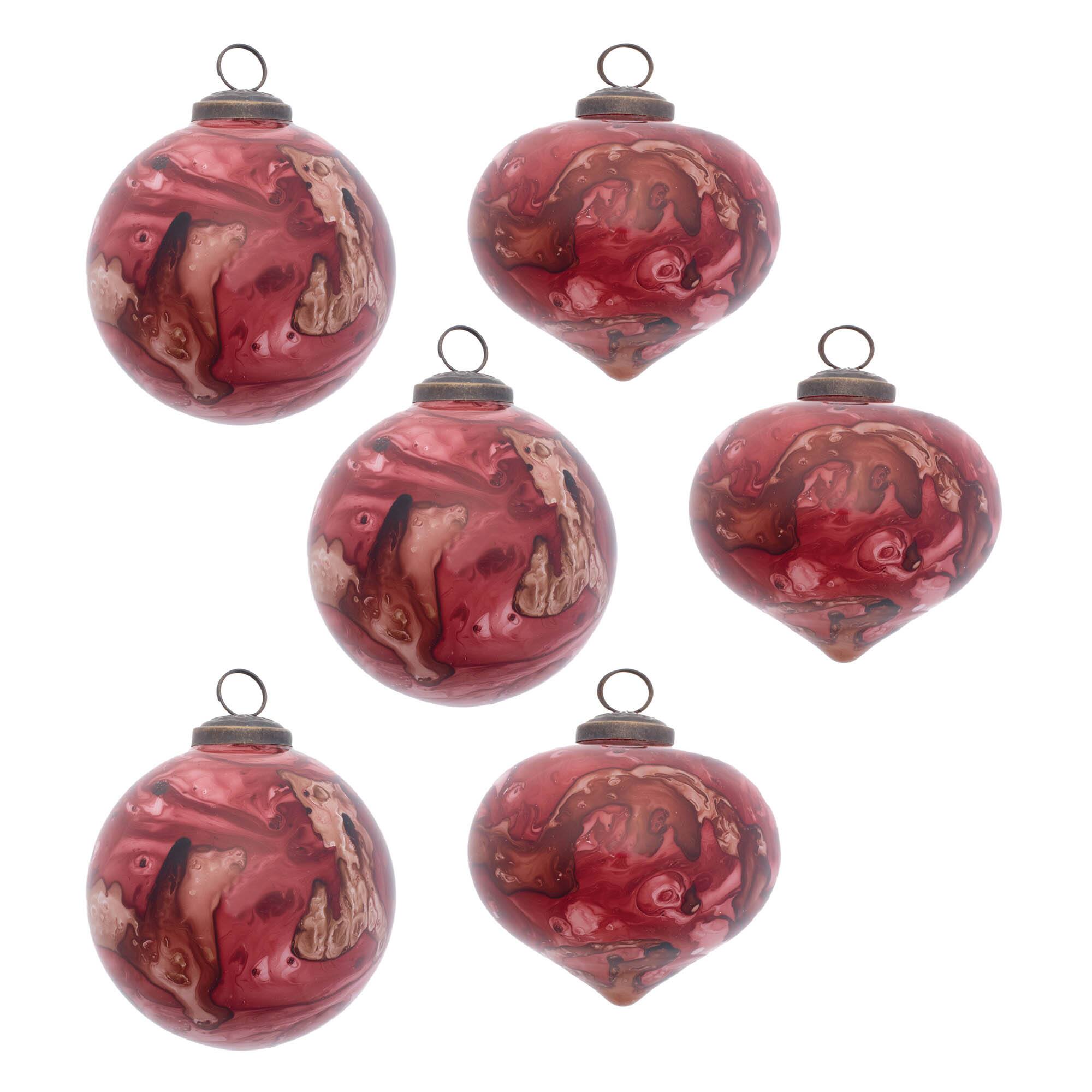 Red Marble Painted Glass Ball & Onion Christmas Ornaments Set with Brass Caps